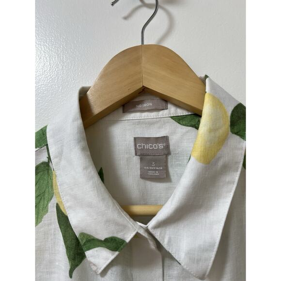 Chicos Womens 100% Linen 3/4 Sleeve Lemon Button Top Size XL White Beach Coastal - Picture 6 of 7